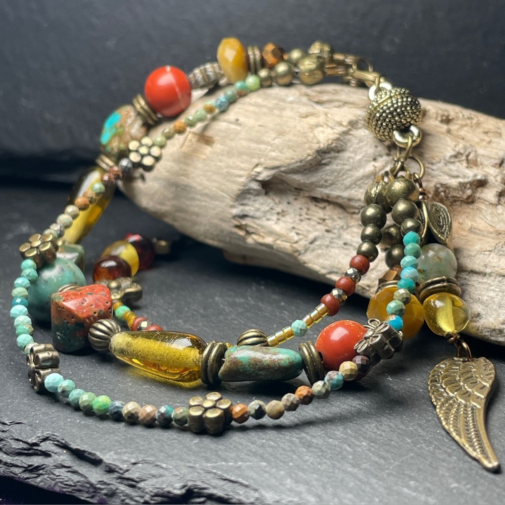 Artisan Multi-Strand Bracelet 
Genuine Turquoise & Baltic Amber 
Boho OOAK